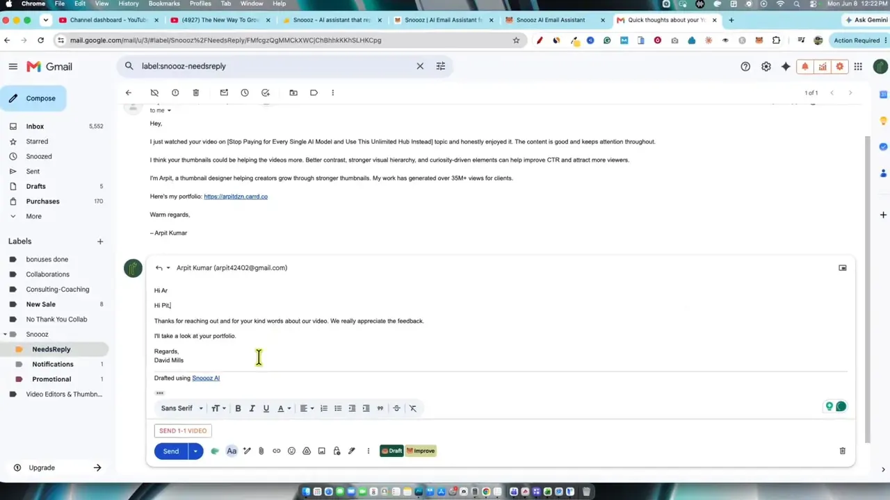Email reply draft in Gmail with AI generated text and controls below the message box