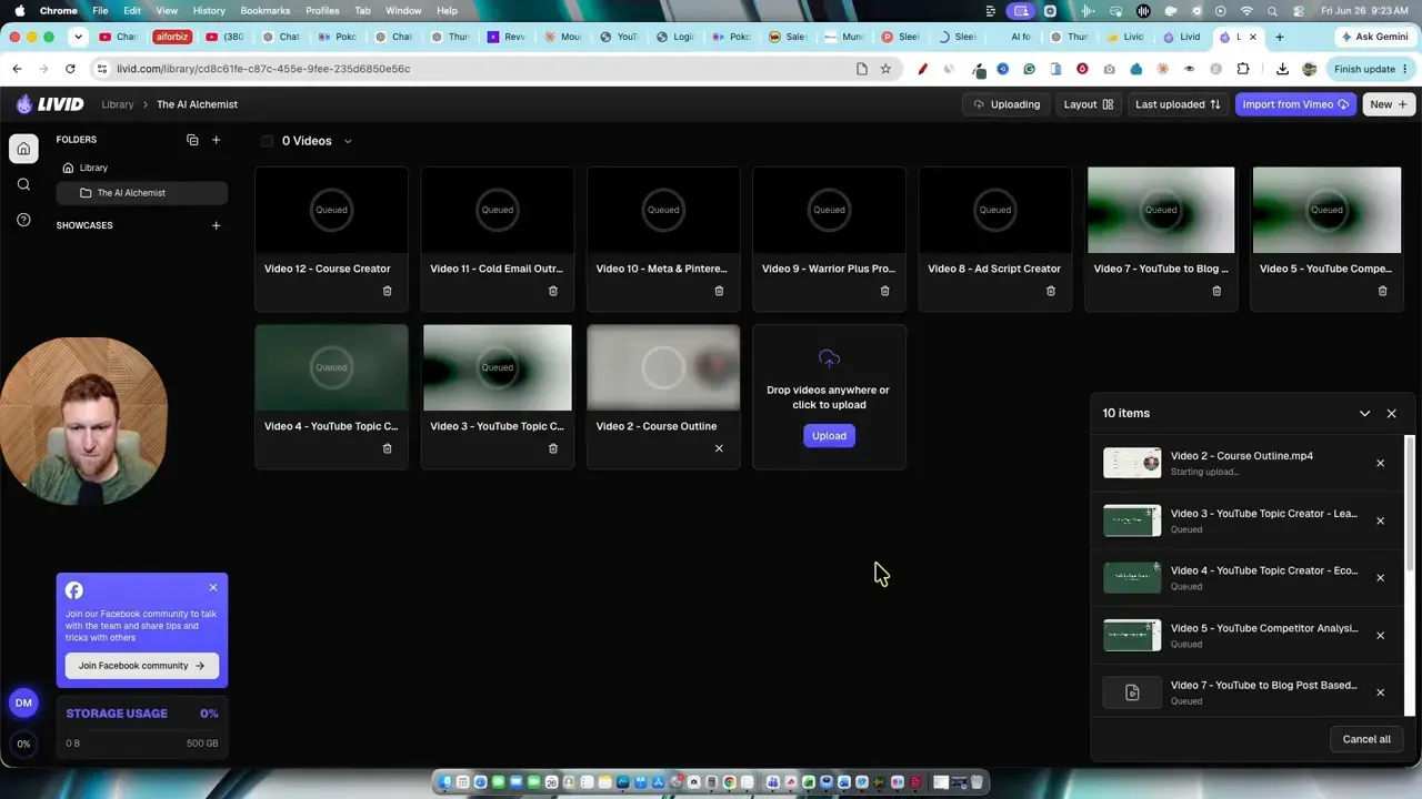 Folder view with multiple uploaded course videos processing in a grid layout