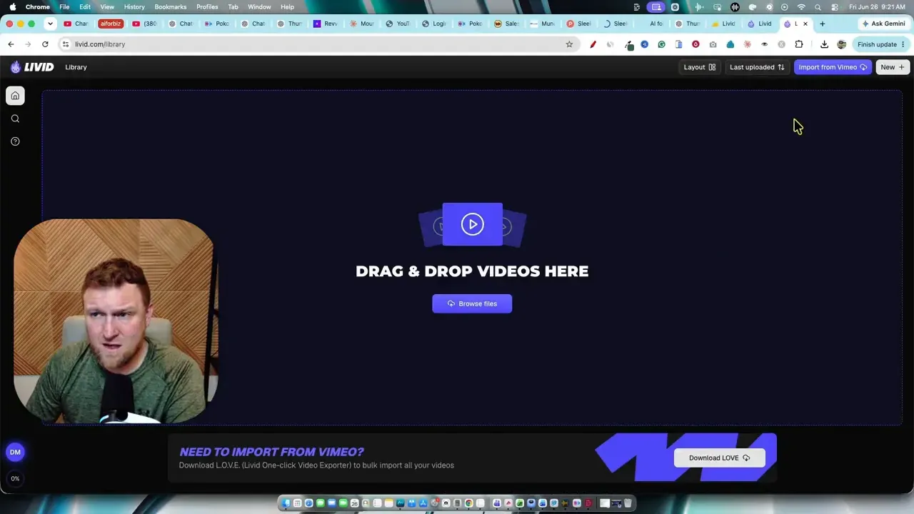 Livid dashboard with a dark interface and a large drag and drop videos here upload area