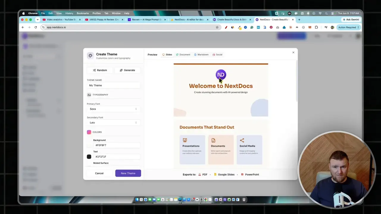 Brand kit editor with theme settings and style options in NextDocs