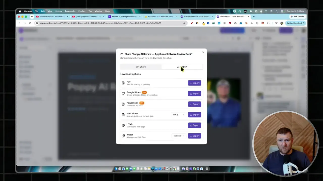 Export settings modal showing multiple file format options including PDF PowerPoint and video