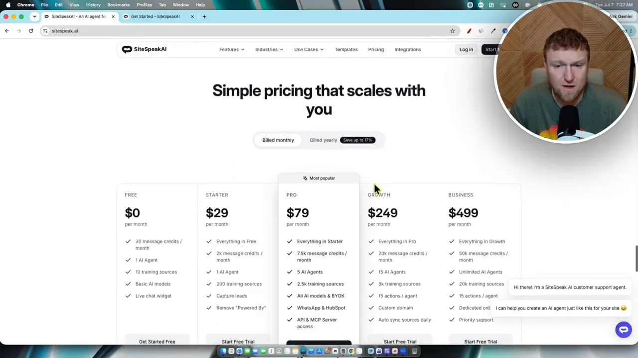 Pricing table showing free starter pro growth and business plans