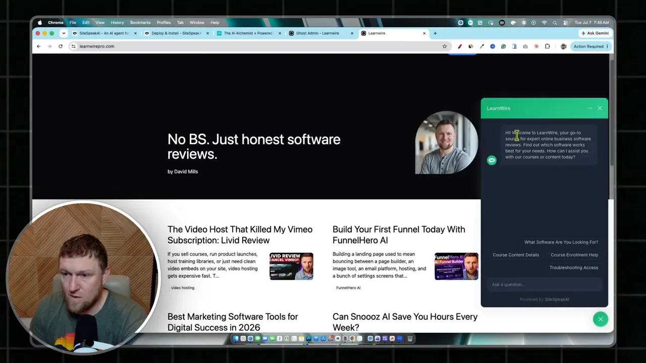 Website homepage with SiteSpeakAI chat widget open on the right side