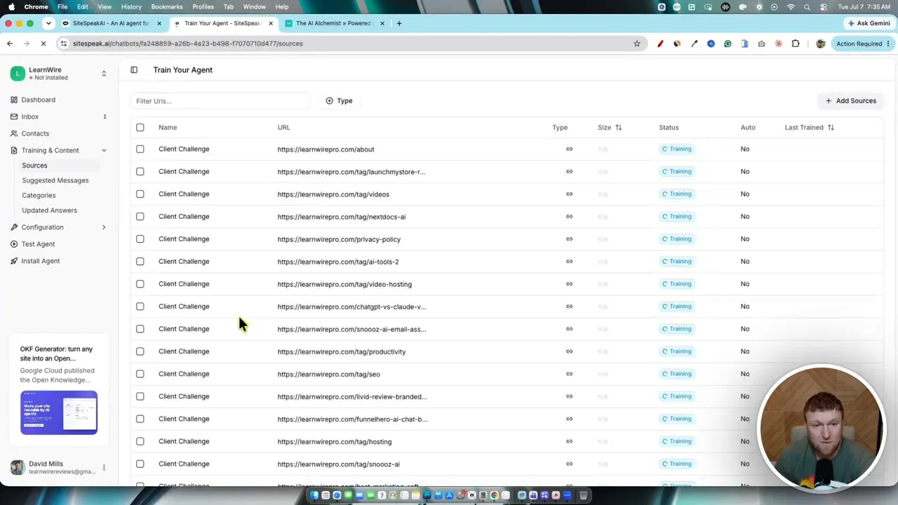 Dashboard list of many synced website pages with statuses and dates