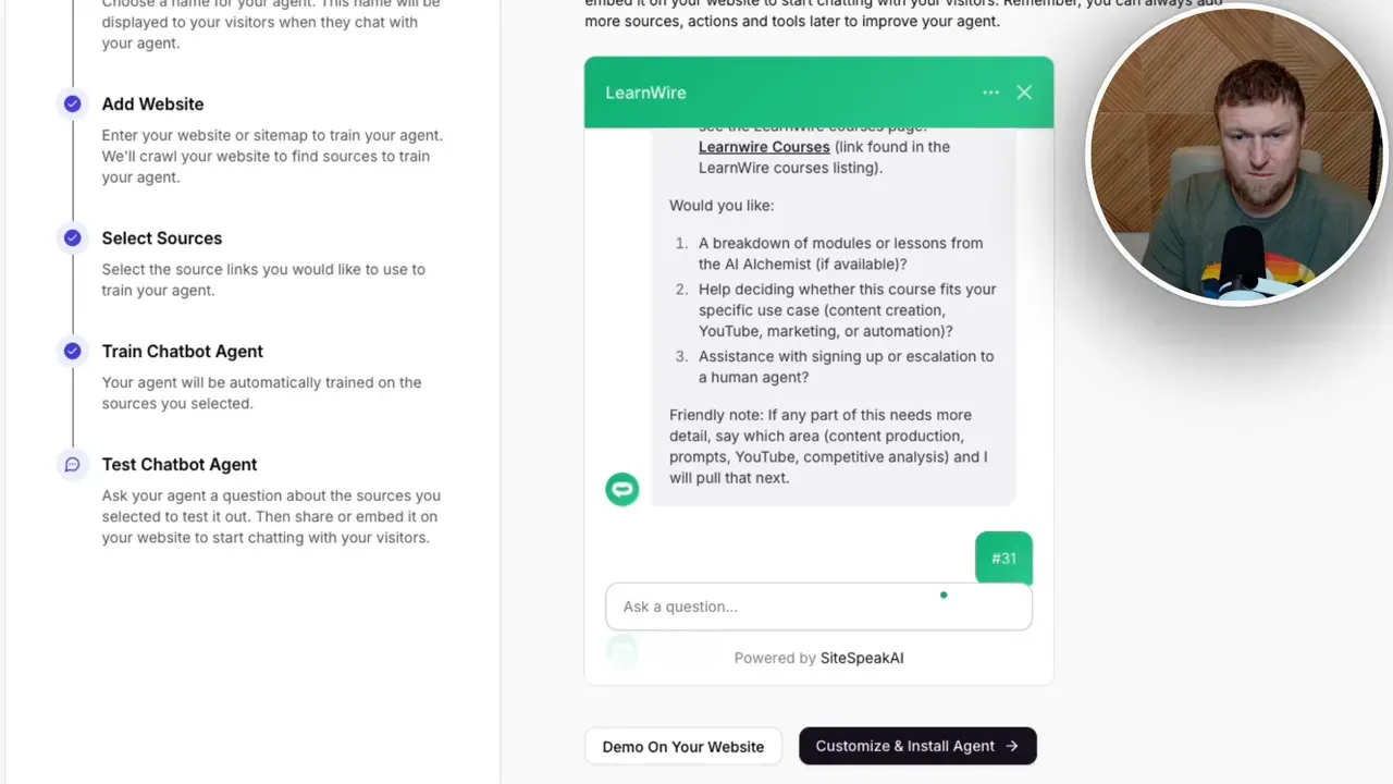Chat preview showing a detailed course response with bullet points and links