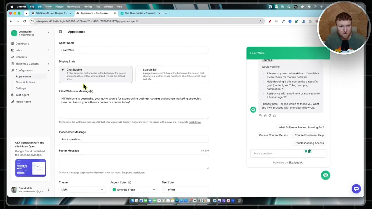 Appearance settings with live chatbot preview and customization controls