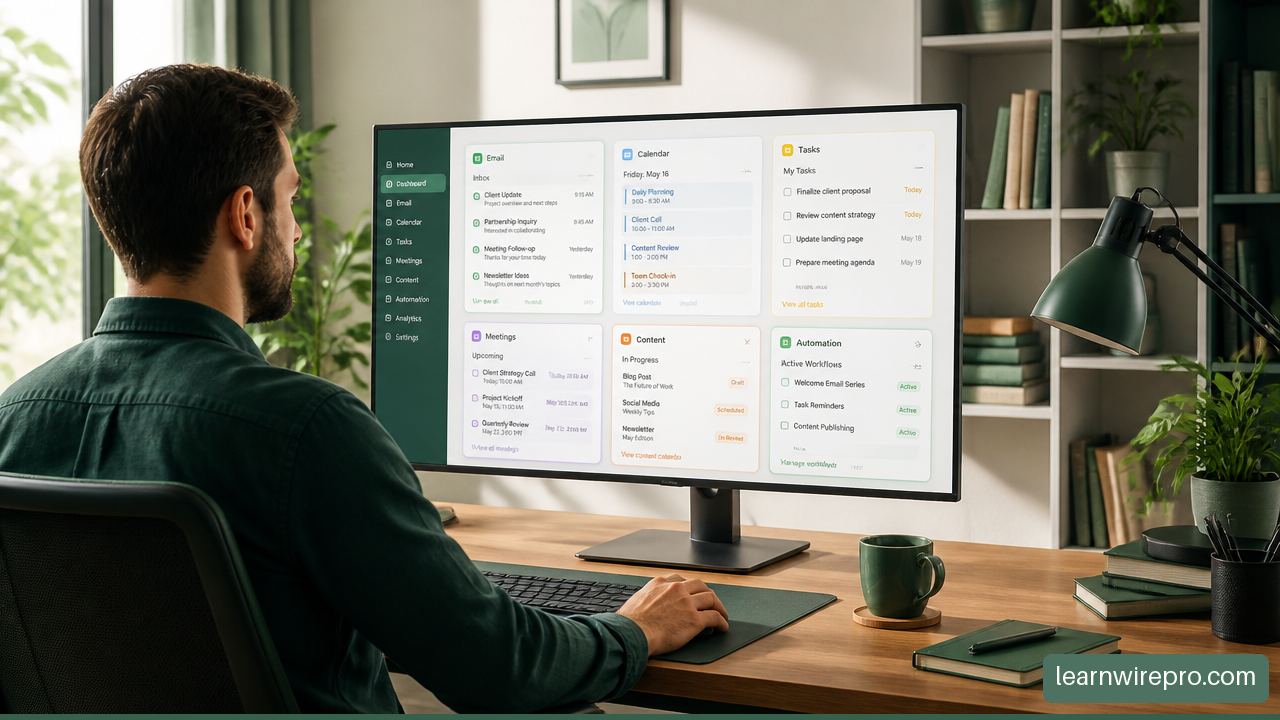 Solo entrepreneur using an organized AI productivity dashboard to manage multiple businesses.