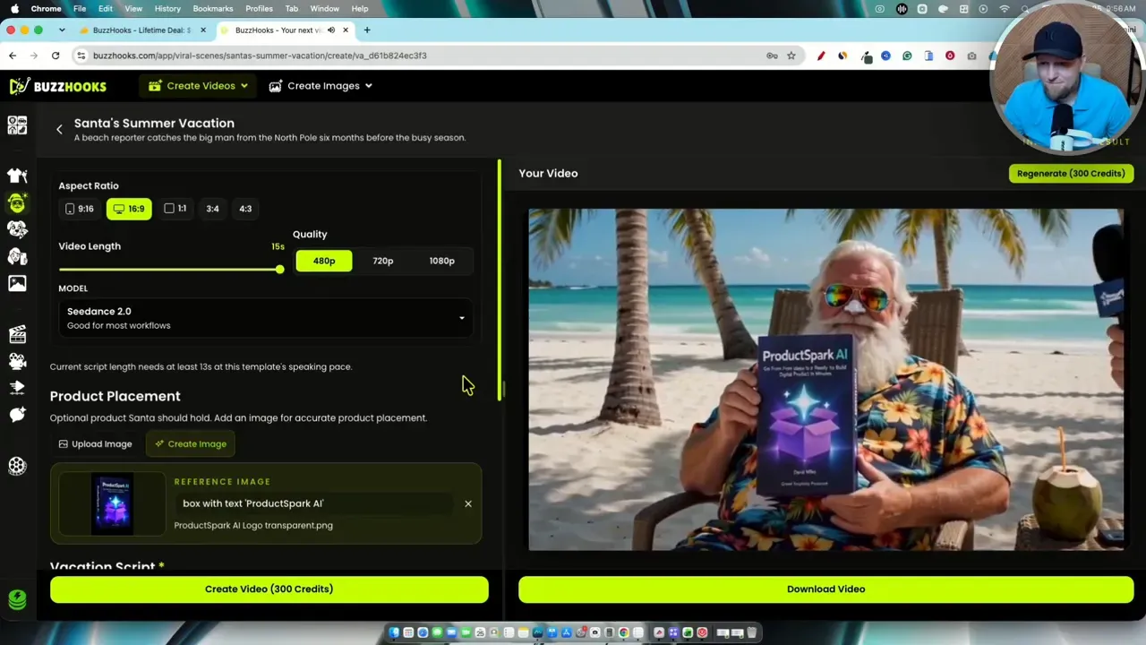 BuzzHooks video preview showing a Santa-like man on a beach holding a purple software box