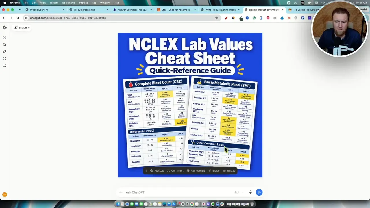Square blue mockup titled NCLEX Lab Values Cheat Sheet with two reference pages
