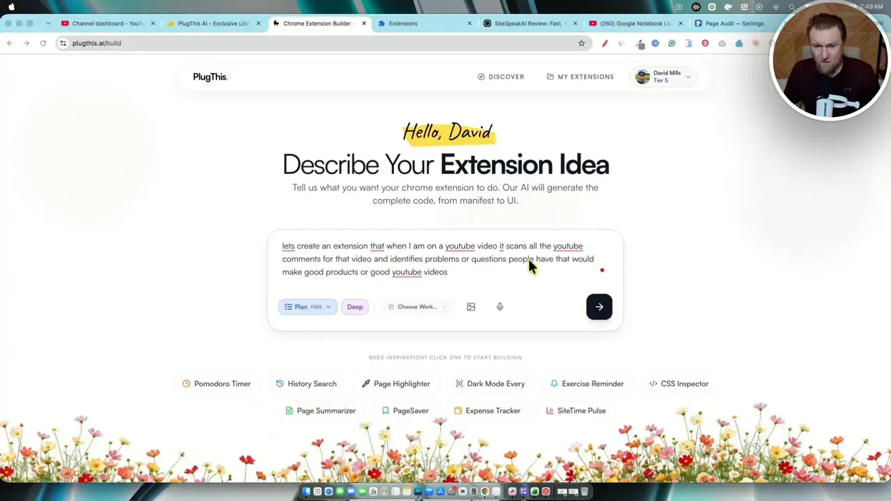 PlugThis AI prompt field containing a YouTube comment extension request