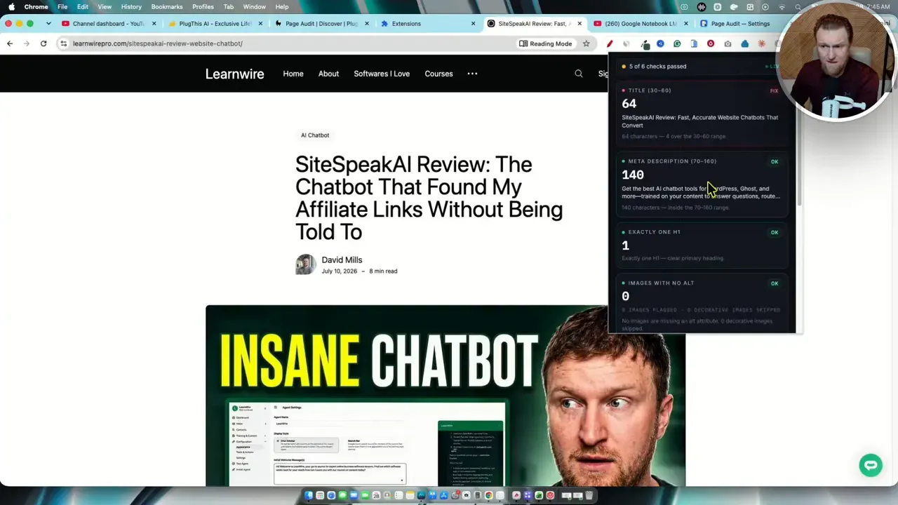 Page Audit popup displaying SEO checks beside a web page