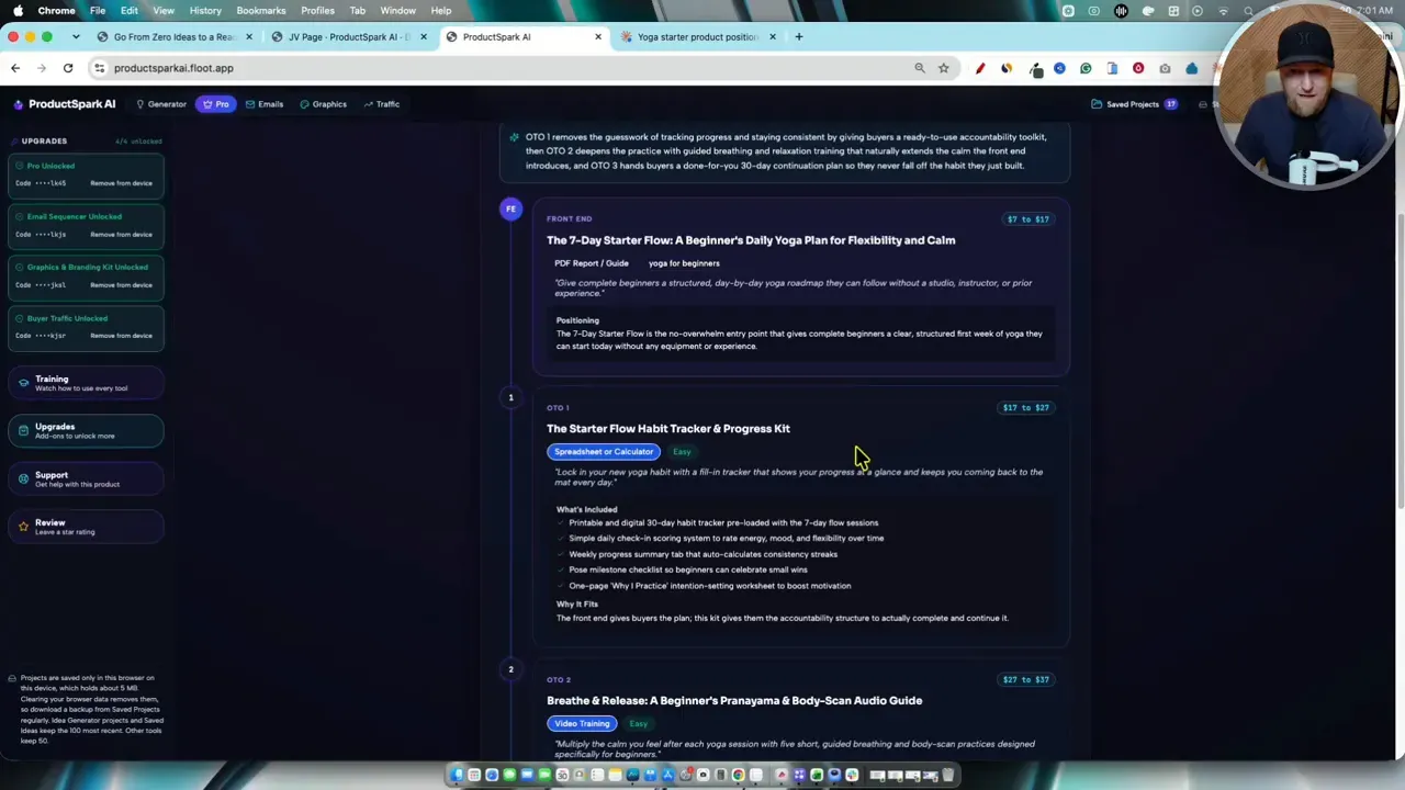 ProductSpark AI funnel page listing the front-end offer and complementary upsell ideas