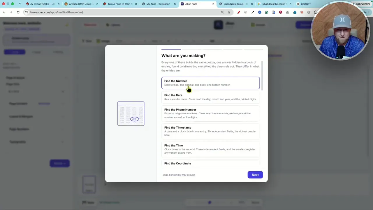 Puzzle format selection window open over the book editor