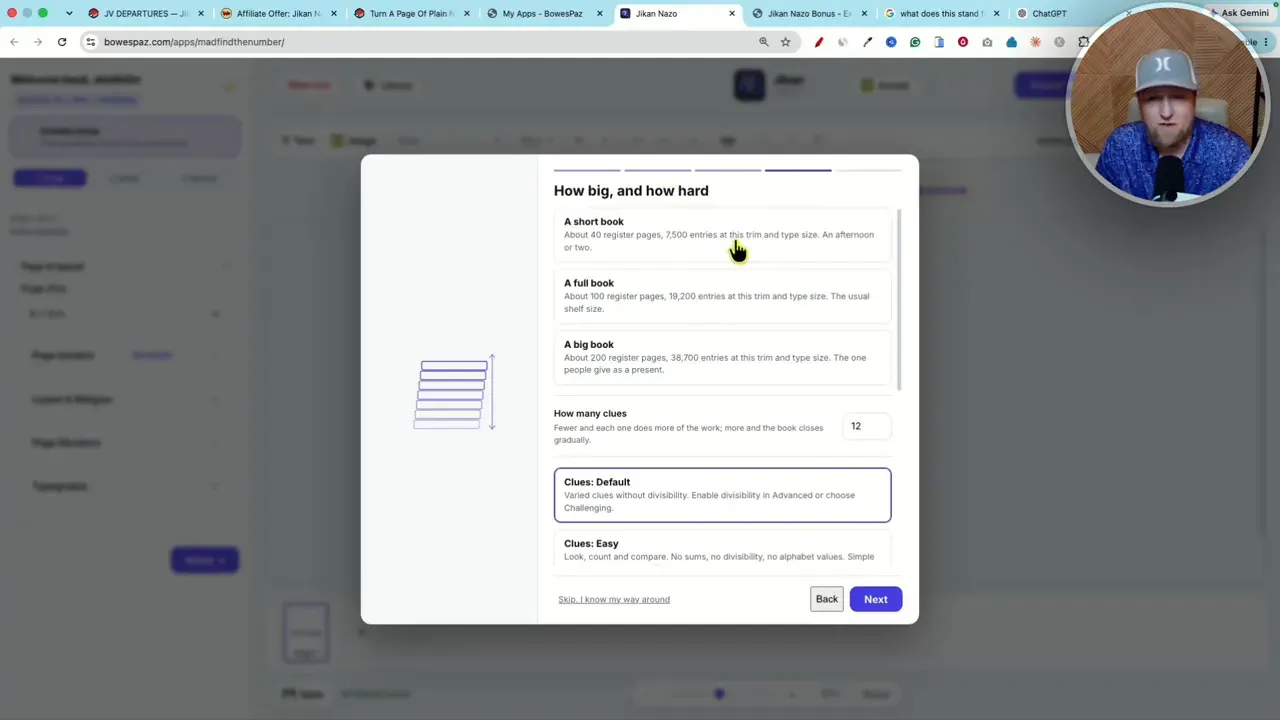 Book setup window showing length and difficulty controls