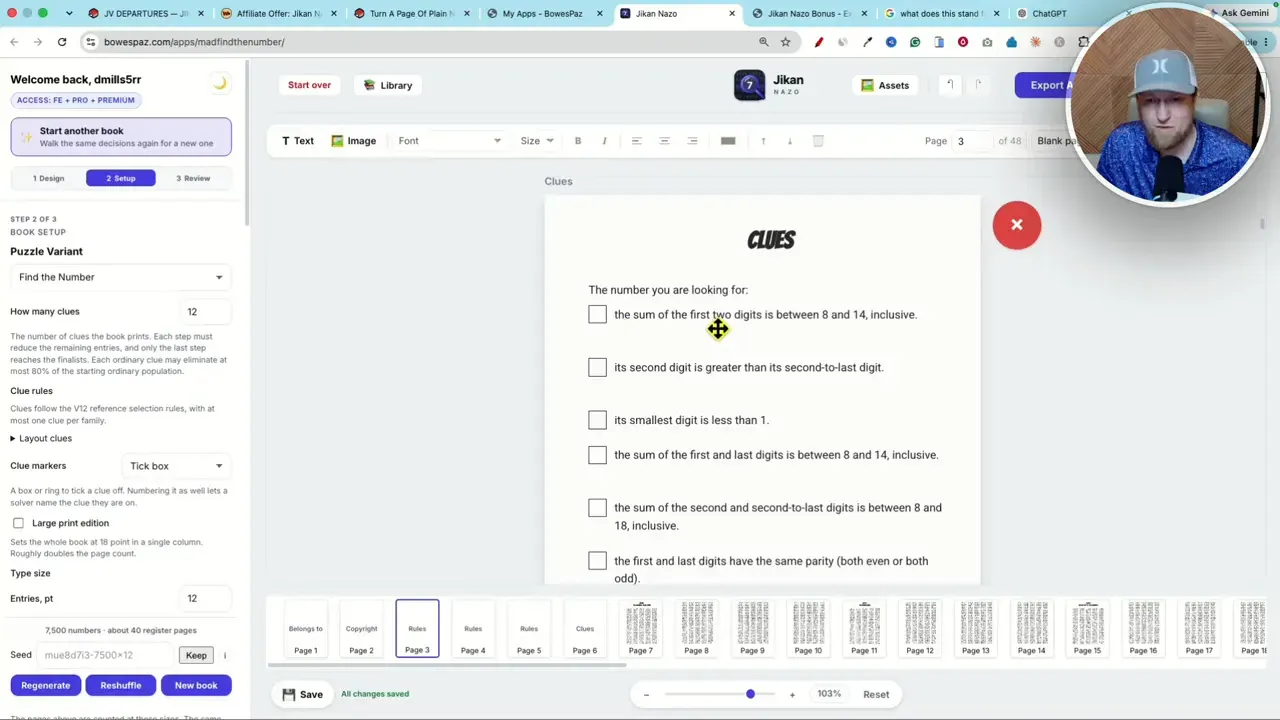 Generated clues page with checkboxes and number-solving instructions