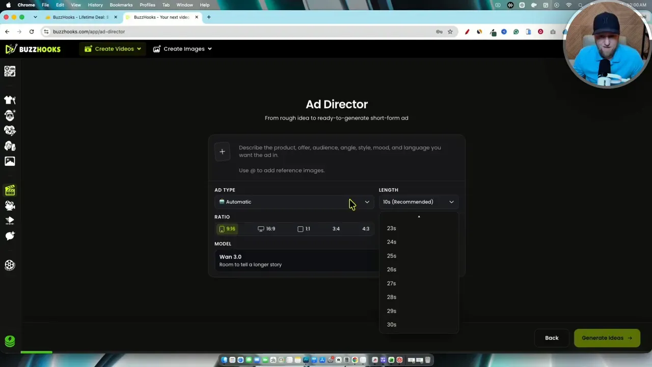 BuzzHooks Ad Director form showing fields for ad style, model, duration, and format