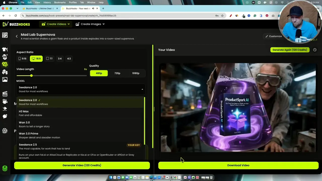 BuzzHooks video preview showing a scientist holding a software box amid purple effects