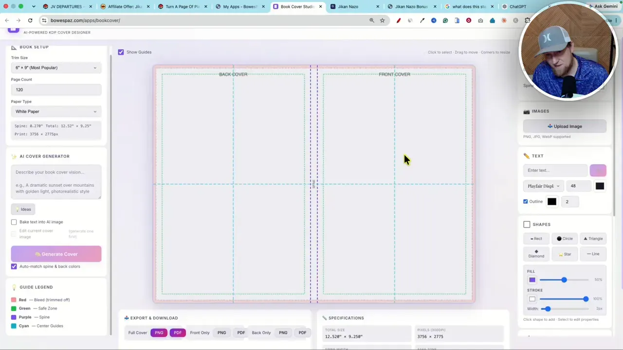 Book cover editor with front and back panels and colored margin guides