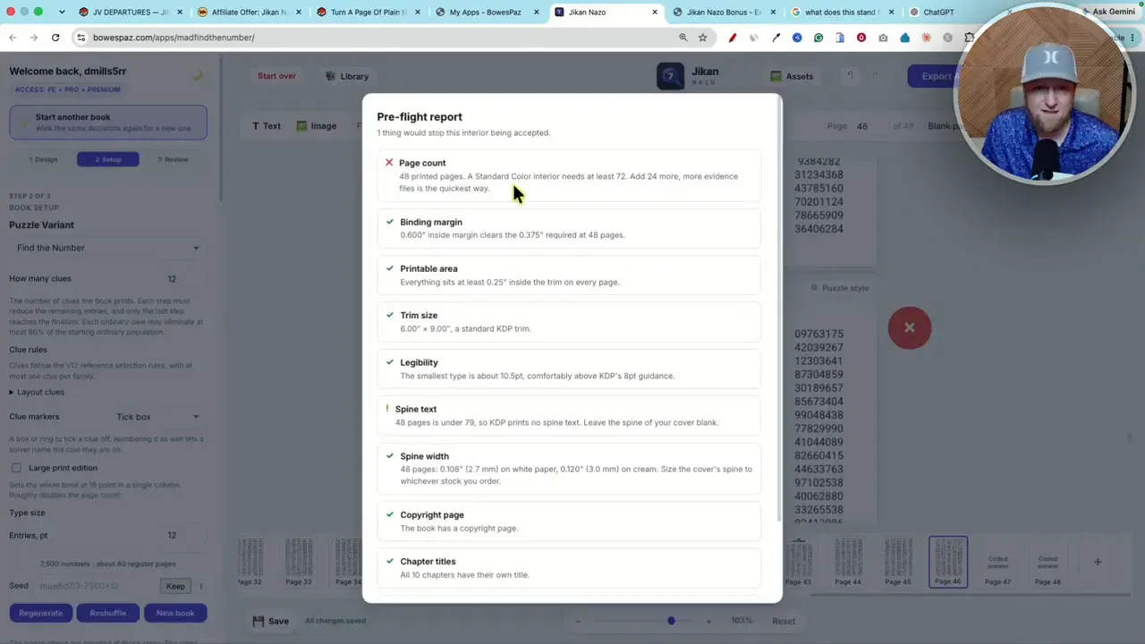 Preflight report window open over the generated puzzle book