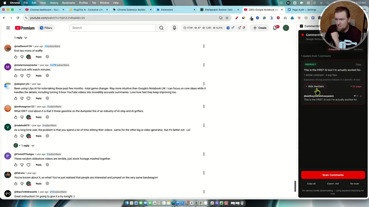 Comment Miner side panel showing one cluster from one comment beside YouTube comments