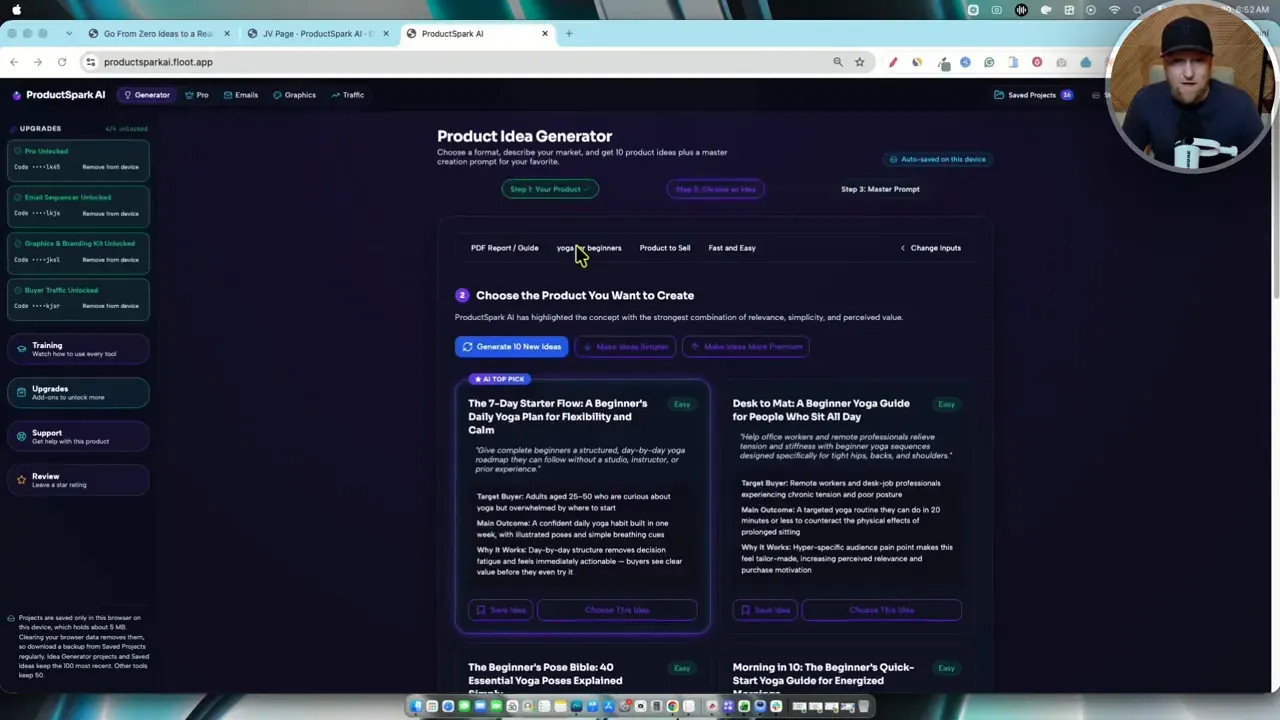 ProductSpark AI page displaying multiple generated product idea cards