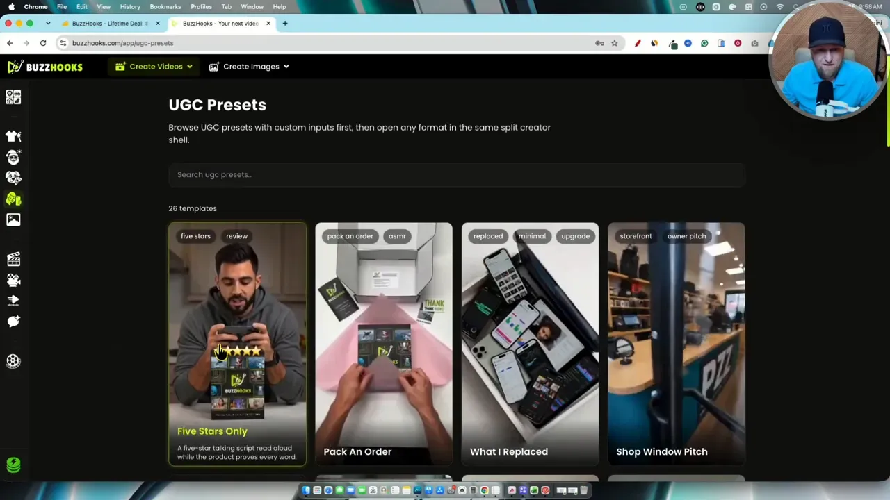 BuzzHooks UGC preset gallery showing vertical examples of people and hands presenting products