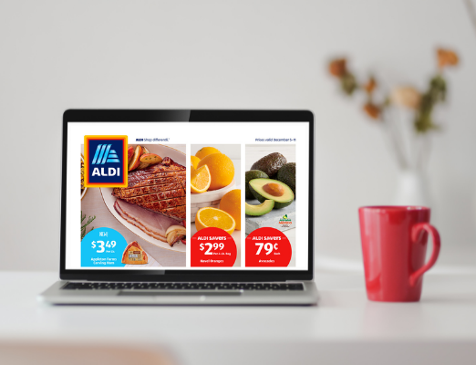 Aldi sales flyer front page on a laptop screen