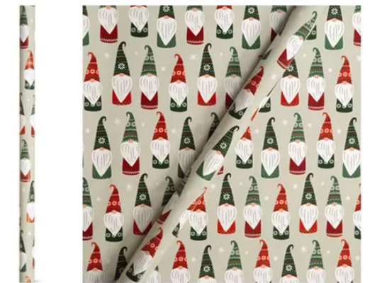 Christmas wrapping paper with gnomes.