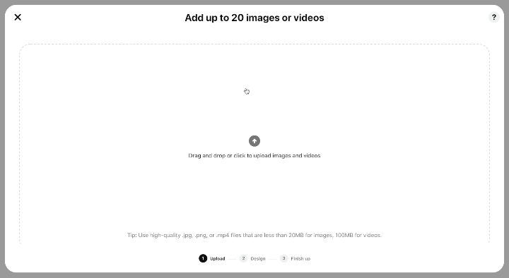 A GIF of Pinterest's photo and video upload portal where you can select files to add.