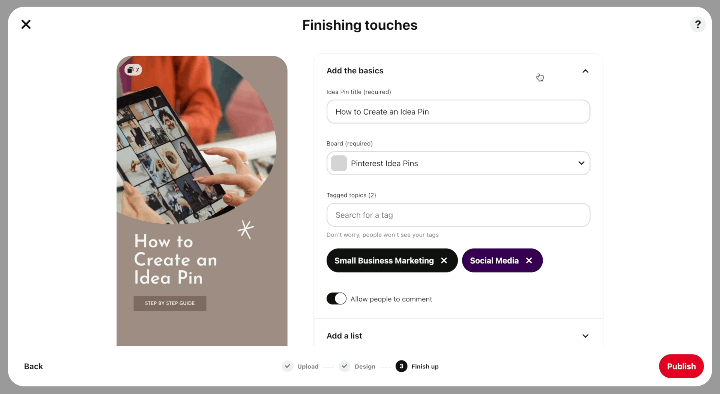 Finishing touches has list options 'Ingredients', 'Supplies', and 'Notes'.