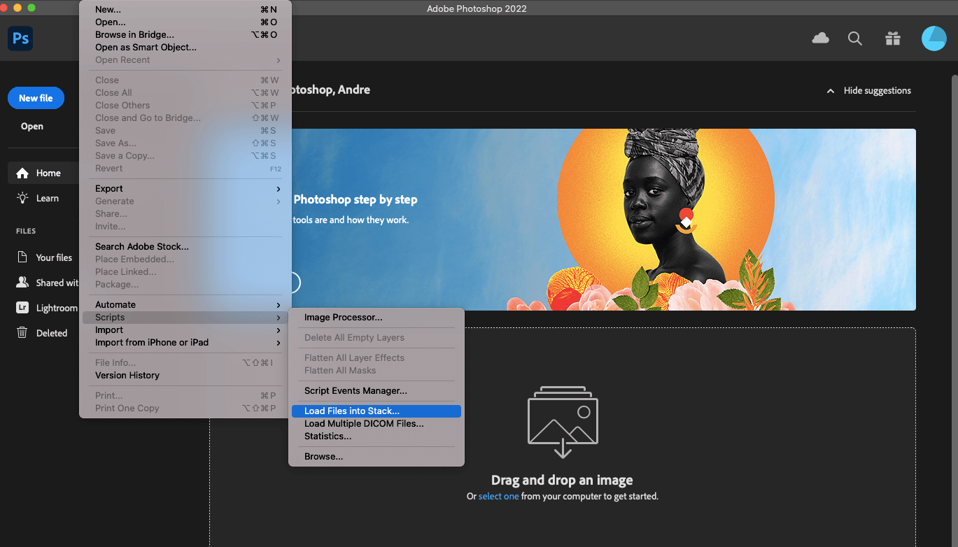 Screenshot of Adobe Photoshop showing how to load files into stack