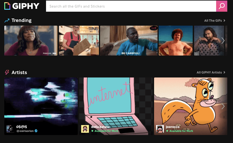 Screenshot of Giphy.com, showing the search function for pre-made GIFs.