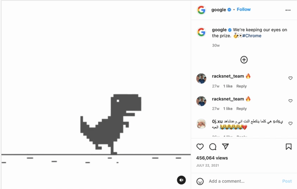 Screenshot of Google's Instagram showing its T-Rex GIF