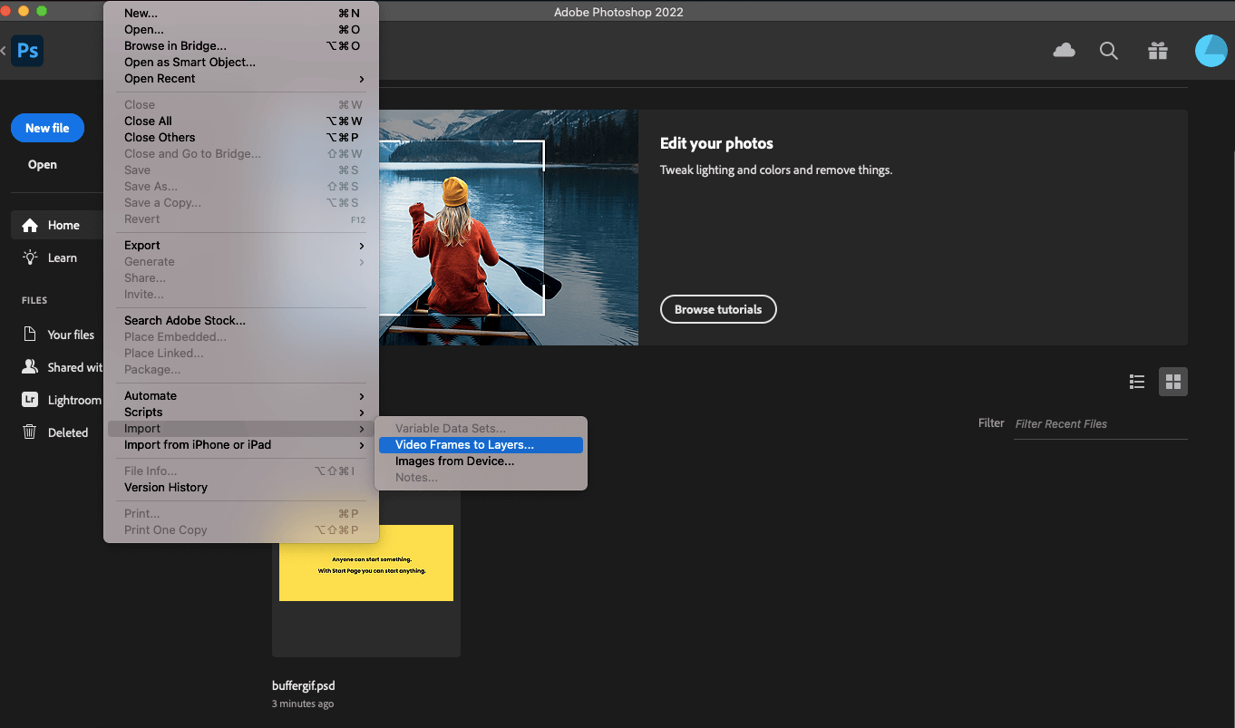 Screenshot of Adobe Photoshop showing how to turn a video into a GIF in Photoshop