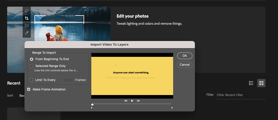Screenshot of Adobe Photoshop showing the option to choose how much of the video you import