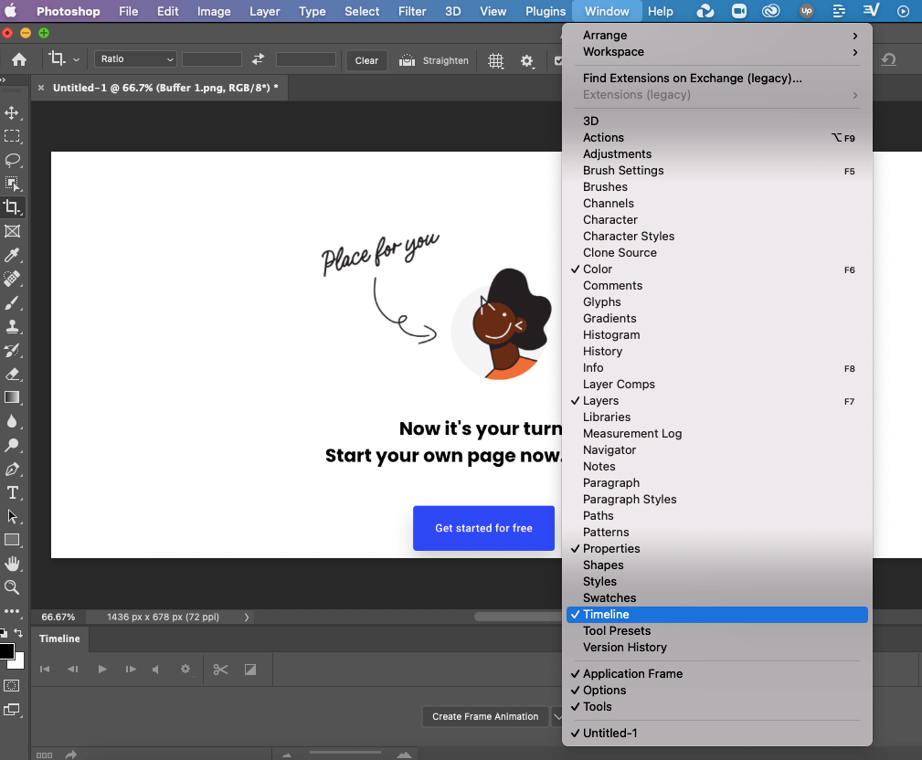 Screenshot of Adobe Photoshop showing how to make a GIF animation