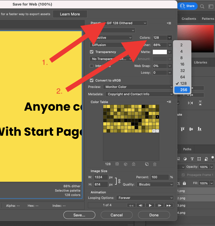 Screenshot of Adobe Photoshop showing how to export a GIF