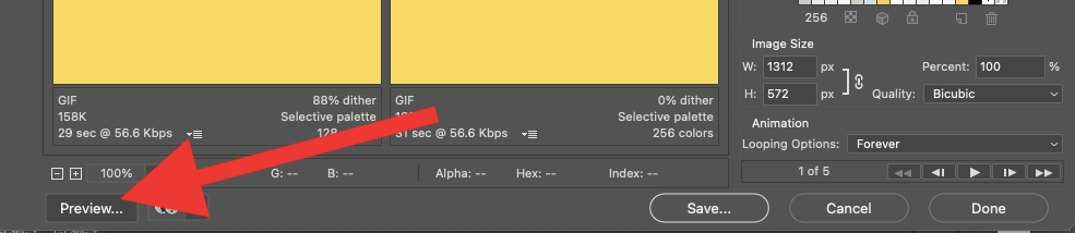 Screenshot of Adobe Photoshop showing how to open your default web browser and play a looping preview of your GIF.‌