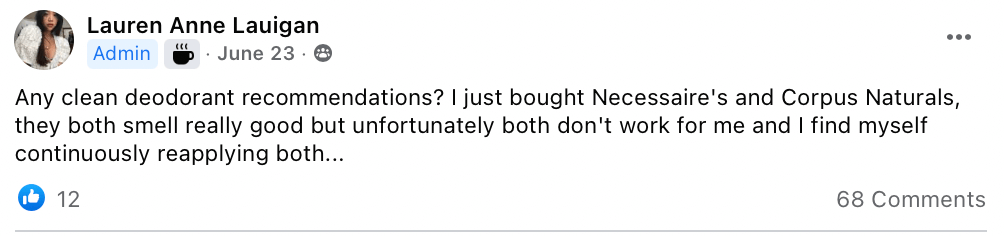Screenshot of a message posted in Saie's Facebook Group asking for deodorant recommendations