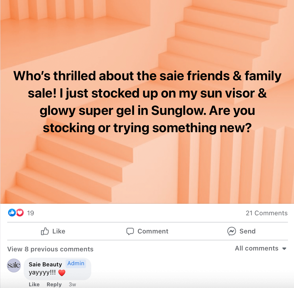 A screenshot from Saie's Facebook Group