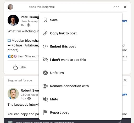 Showing how to select "I don't want to see this" on LinkedIn