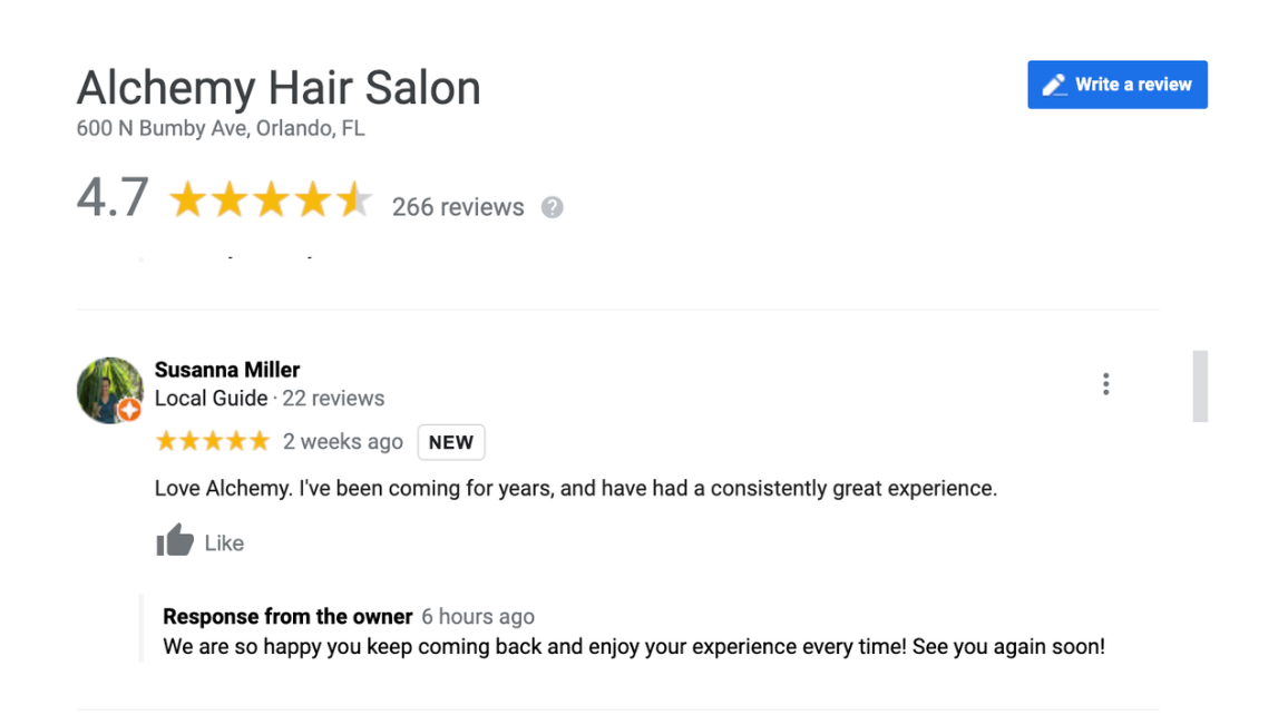 A screenshot of a positive Google Review rating 4.7 stars by Susanna Miller.