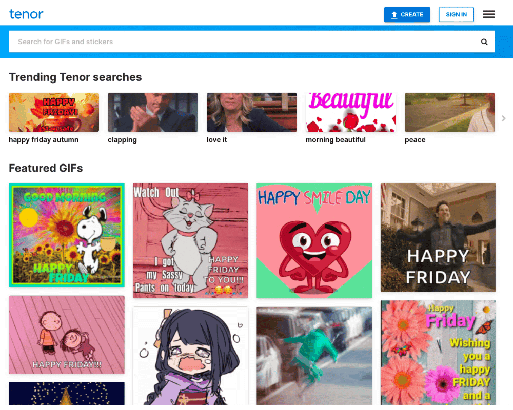 Screenshot of Tenor, where you can search a library of GIFs