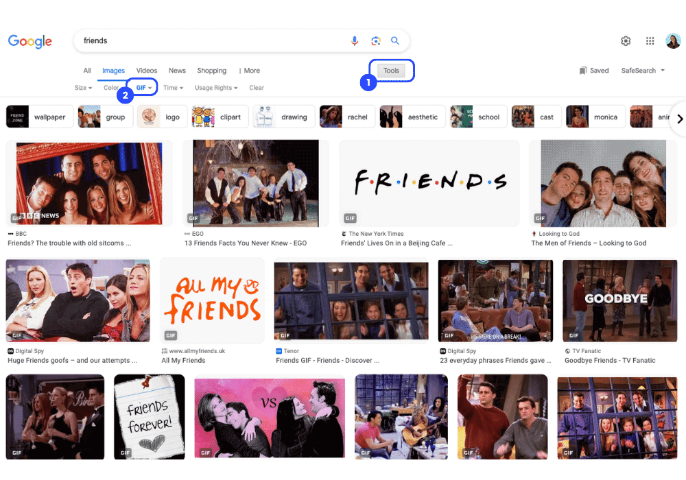 A screenshot showing how to use Google Image Search to find a GIF