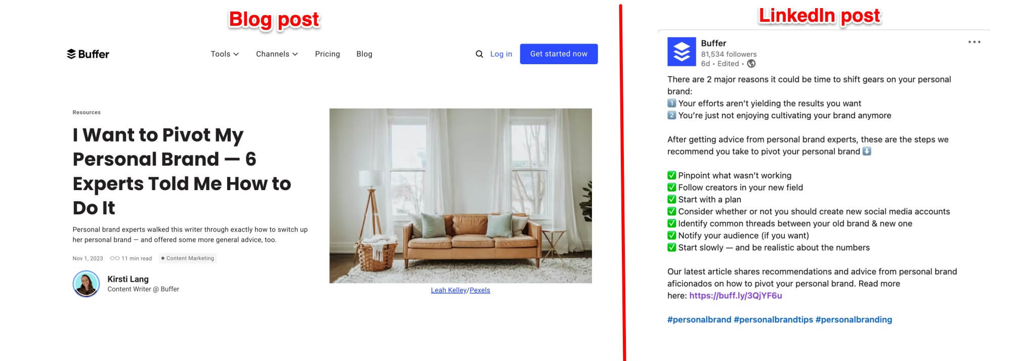 An example of content repurposing, turning snippets from long-form content into social media posts