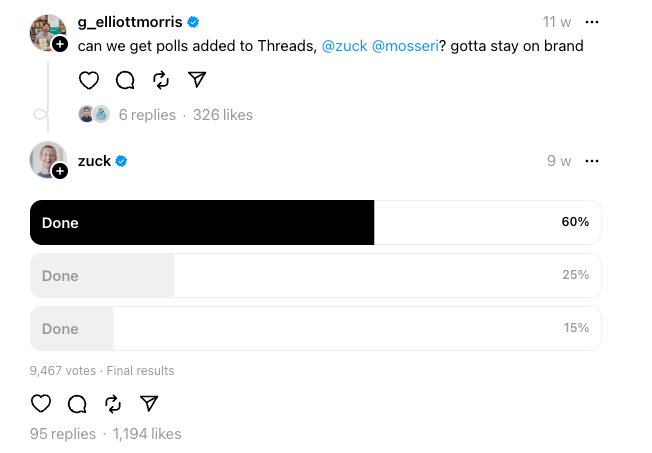 A Threads poll by Mark Zuckerbeg showcasing one of Threads' new features