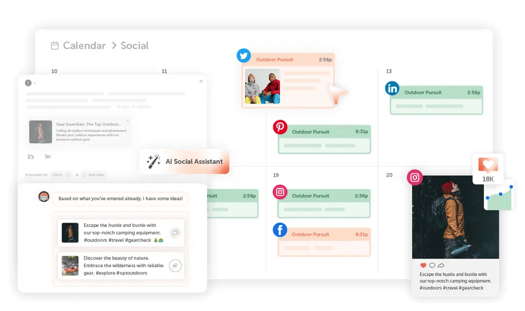 Social media calendar and AI assistant interface in CoSchedule, presenting Hootsuite alternatives for planning, automation, and content management.