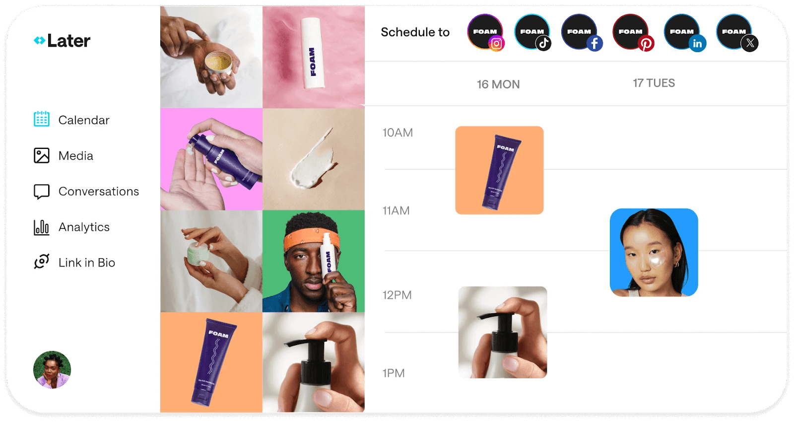 Visual content calendar in Later showing scheduled Instagram posts, media library, and analytics, highlighting Hootsuite alternatives for planning and managing social media content.
