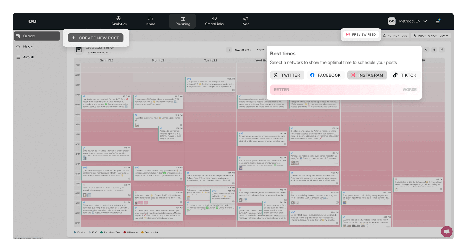 Social media planning calendar with scheduled posts and best times heatmap across platforms, presenting Metricool as one of the Hootsuite alternatives for content scheduling.