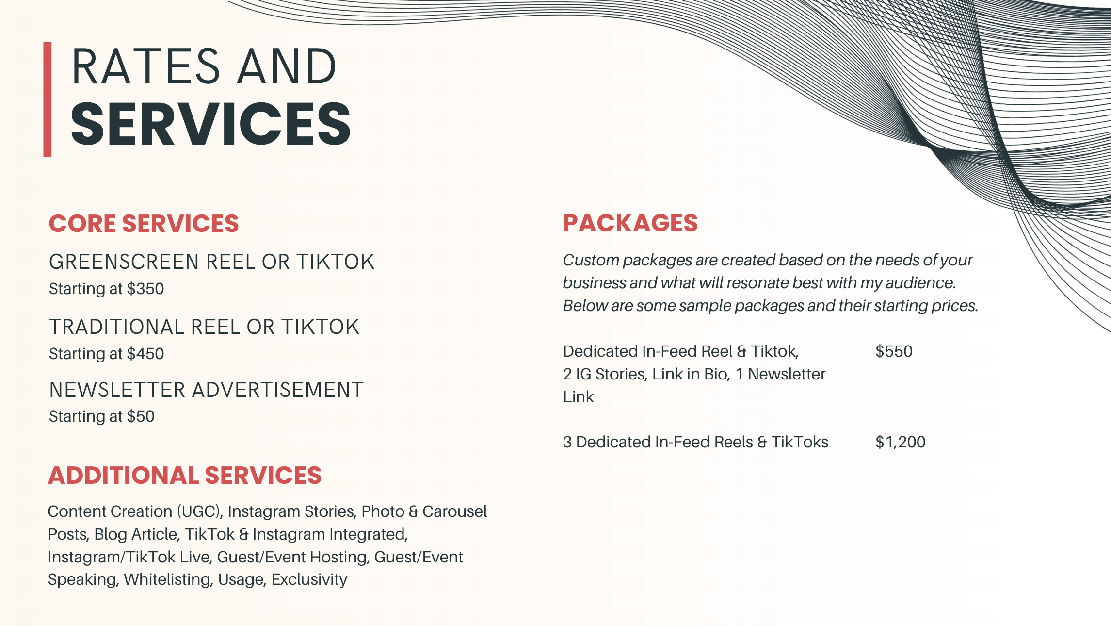 Example of pricing reflected on an influencer's media kit